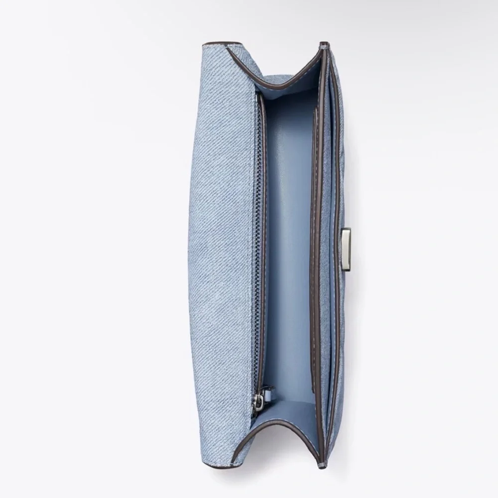 Tory Burch SMALL FLEMING DENIM-PRINT SUEDE SHOULDER BAG